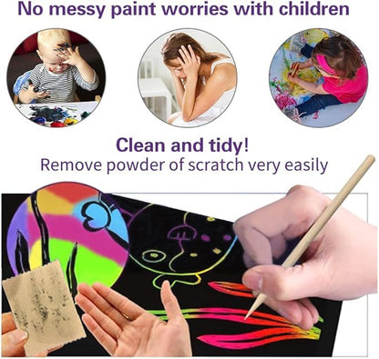 OMTOFUEN 36+9 Scratch Art Paper Kit with Pre-Outlined Template Customizable Paper 4 Follow Boards 8 Scratch Pens 12 Crayons 4 Velvet Clothes for up to 8 Kids Party Gift Birthday Christmas Halloween