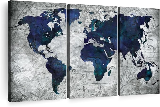ElephantStock Deep Blue World Map Multi Piece Canvas - 3 Panel Wall Decor - Map of the World Art - Canvas for the Office and Home - 33" X 20"
