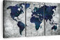 ElephantStock Deep Blue World Map Multi Piece Canvas - 3 Panel Wall Decor - Map of the World Art - Canvas for the Office and Home - 33" X 20"