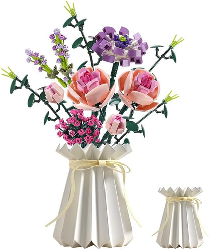 Flower Bouquet Building Blocks Artificial Pink Rose with Paper Vase Botanical Collection Bricks Sets Kits Christmas X'Mas Valentine Gifts Birthday Creative Gifts for Adults Girlfriends(413PCS)