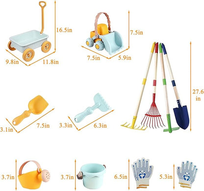 Mostop Kids Gardening Tools Set, Gardening Set for Kids, Outdoor Backyard Farm Digging Toys with Wheelbarrow, Metal Shovel, Rake, Leaf Rake, Outside Garden Wagon Toys Birthday Gifts for Boys Girls 4-8