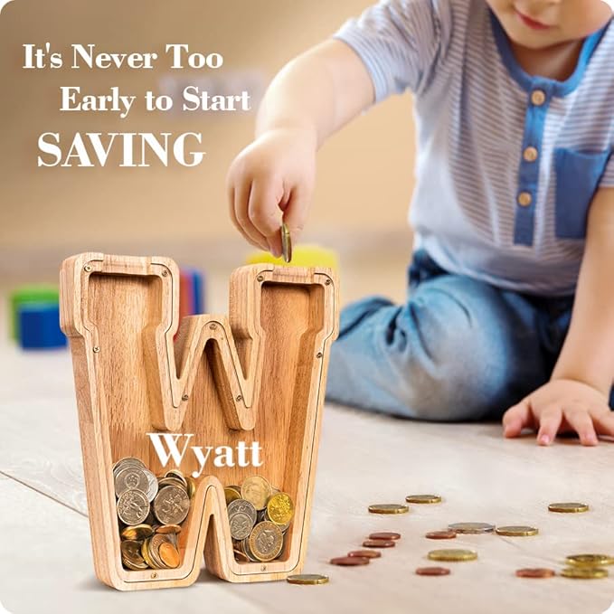Customized Name Large Wooden Piggy Bank for Kids Boys Girls Alphabets Letter A-Z Coins Bills Money Change Bank Box Initial on Clear Cover (Laser Engraved) (Alphabet-Z, Personalized-9")