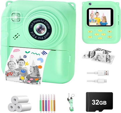 Instant Print Camera for Kids, 1080P Video Camera with 3 Print Rolls, 32GB Card & Cute Cover, Gift for Girls Boys Age 3-12, Toddler Digital Camera with Games, Filters, Music – Green