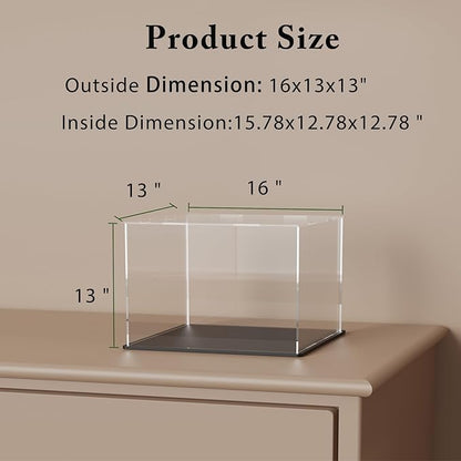SVENJBB Large Display Case for Collectibles, 16x13x13 Inch Acrylic Box for Miniature House and Figures, Clear Acrylic Display Cases with Matte Black Base for Collection Protection and Storage