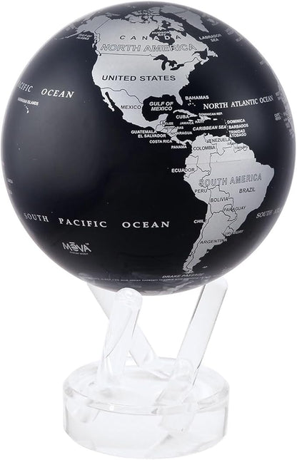 MOVA Globe – Metallic Black and Silver 4.5” | Solar-Powered Rotating Desk Globe with Minimalist Map Design | No Batteries or Cords | Modern Decor Gift