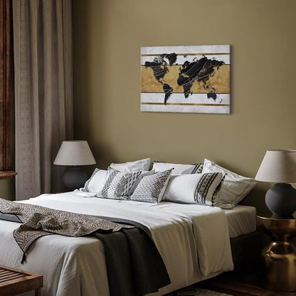 artgeist Canvas Wall Art Print World Map 24x16 in - 1pcs Home Decor Framed Stretched Picture Photo Painting Artwork Image - Map Continent Black White k-A-0515-b-a