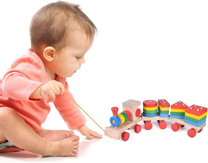 FUN LITTLE TOYS Stacking Train, Shape Sorter Wooden Toys(23 pcs), Sorting & Stacking Toys for Toddler 3, Montessori Toys for 3 Year Old Boy Girl Gifts, Kids Wooden Train Toy