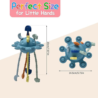 Silicone Baby Sensory Montessori Toys & Pull String Teething Toys for 6-12-18 Months, Toddler Birthday Gift Car Seat Airplane Travel for 1 2 Year Old Boy Girl Infant 8 9 10 Months Old (Blue)