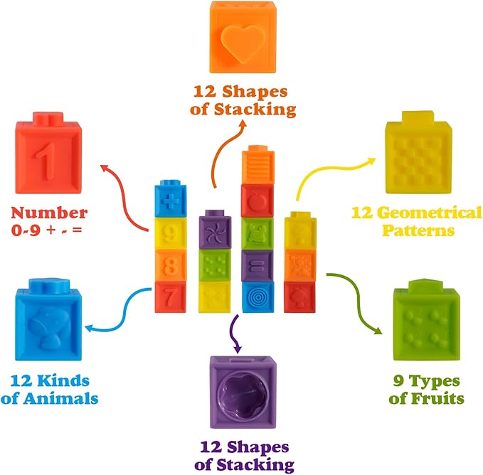 Ganowo 12PCS Mini Soft Stacking Blocks Toys, Educational Squeeze Teeth Baby Toys with Numbers Animals for 6 Months Up Baby Building Blocks Christmas Stocking Stuffers for Baby Toddlers Gifts