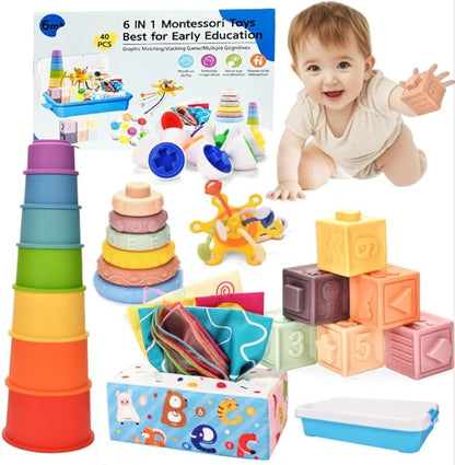 Montessori Toys for Baby 6 Month Old,Baby Toys 6-9-12 Months,6 in 1 Montessori Sensory Toys for 1 Year Old,Stacking Blocks,Tissue Box Toys for Toddlers Birthday Halloween
