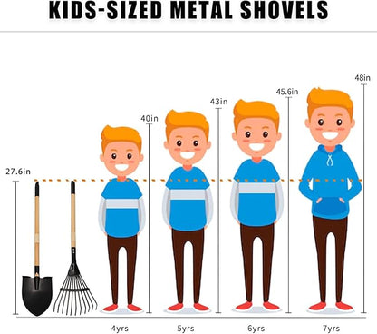Kids Rake and Shovel Set, 2Pcs Garden Tools Metal Head with Wooden Handle, Great Gardening Gifts for Boys Girls Age 3 and Up
