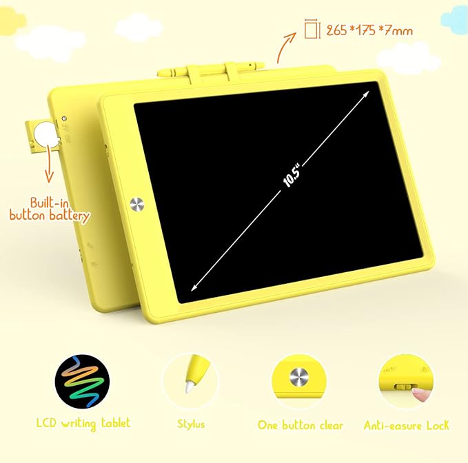 LCD Writing Tablet Doodle Board, Colorful Drawing Pad, Electronic Drawing Tablet, Drawing Pads,Travel Gifts for Kids Ages 3 4 5 6 7 8 Year Old Girls Boys (10.5 inch, Yellow+Yellow)