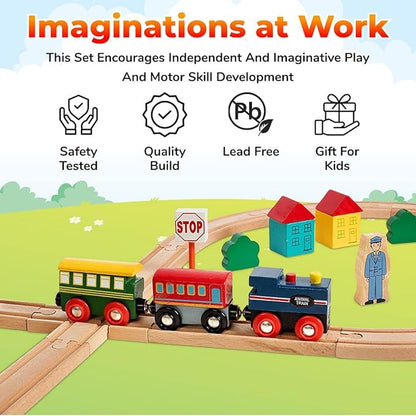 Wooden Train Set 100 Piece All in One Wooden Toy Train Tracks Set with Magnetic Trains and Railway Accessories, Comes in A Clear Container, Compatible with All Major Brands