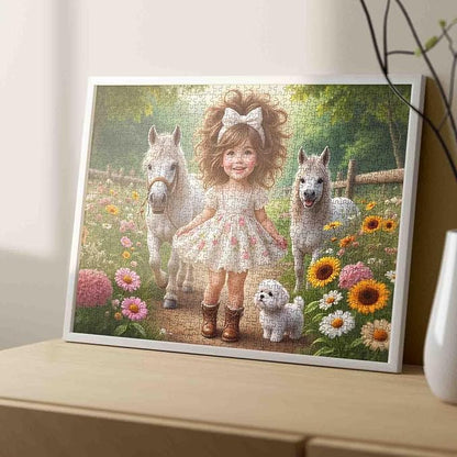 Tucocoo Cute Little Girl 1000 Piece Jigsaw Puzzle for Adults, Country Girl White Ponies Puppy Floral Path – Vintage Farm Scene for Family Games Challenging Puzzles, Rustic Wall Art DIY Crafts Gifts