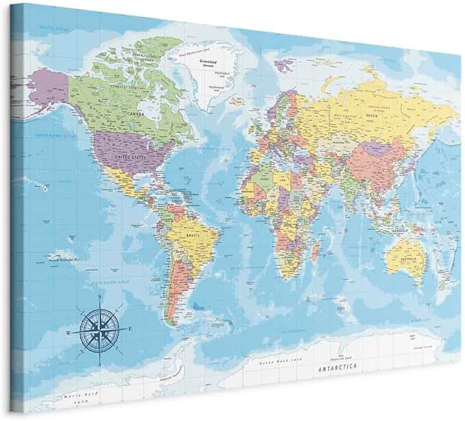 artgeist Canvas Wall Art Print World Map 24x16 in - 1pcs Home Decor Framed Stretched Picture Photo Painting Artwork Image Worldmap Continents Travel Gift k-C-0128-b-a