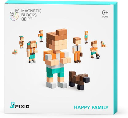 PIXIO Happy Family - Magnetic Building Blocks for Kids Over 6 Years, Pixel Art, STEM Magnet Toys for Kids Ages 8-12, Portable Magnetic Blocks for Creativity - 162 pcs