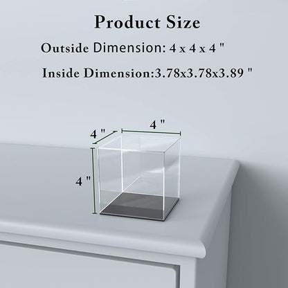 Acrylic Display Case, 4x4x4 Inch Cube Box With Matte Black Base, Clear Single-Piece Case for Softball Collectibles Figurines Mini Figures