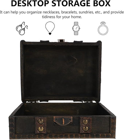 Veemoon Vintage Small Wooden Lock Box Antique Storage Case Retro Jewelry Chest Craft Collection Organizer Pirate Treasure Chest for Jewelry Cosmetics Photography Props