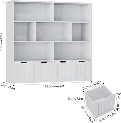 FINETONES Toy Storage Organizer, Kids Bookshelf with 4 Movable Chests and 7 Storage Cubes, Toy Chest Storage Shelf Organizer with Hidden Wheels, Toy Organizers and Toy Storage, Grey