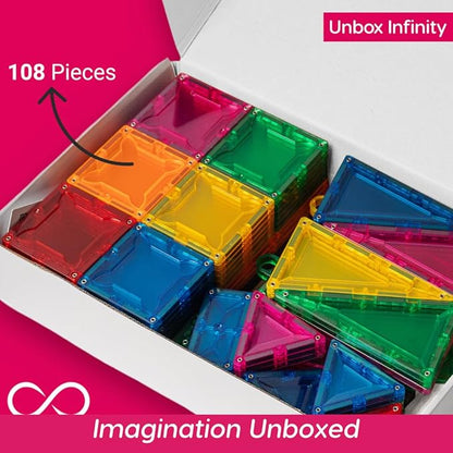 Magnetic Building Tiles, 108 Piece Foundation Set for Boys Girls Kids, Educational Creative Learning Activity Building Block Toddler Toys, STEM, Children Ages 3 Years +