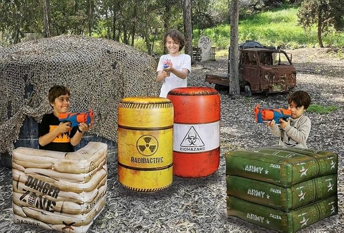 Premium Package 4 Combat Battlefield Inflatables, Compatible with Nerf, Laser tag, Water Gun for Boys Birthday Party Activities and Decoration