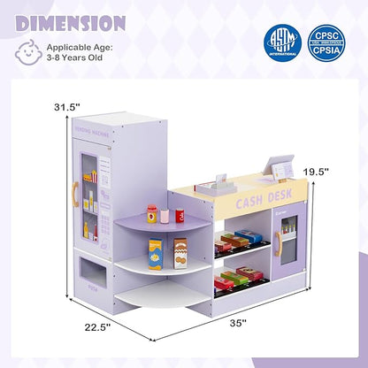 HONEY JOY Kids Grocery Store Playset, Wooden Supermarket Playset w/Cash Register & Vending Machine Toy, Blackboard, Checkout Counter Stand, Grocery Store Pretend Play for Toddler Boys Girls (Purple)