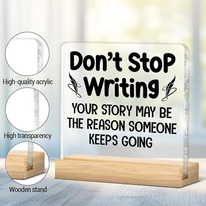 Writer Gifts for Women Men, Inspirational Gifts for Writers Authors Novelist, Acrylic Plaque Sign with Wooden Stand Home Office Decor