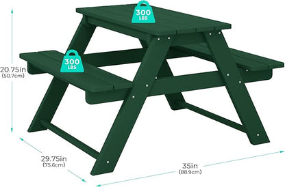 Costaelm Kids Picnic Table, HDPE All Weather Outdoor Toddler Picnic Table and Chair Set Kids Bench for Patio, Backyard, Garden, Lawn, Dark Green