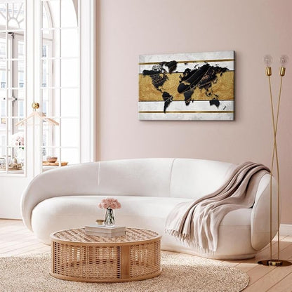 artgeist Canvas Wall Art Print World Map 24x16 in - 1pcs Home Decor Framed Stretched Picture Photo Painting Artwork Image - Map Continent Black White k-A-0515-b-a