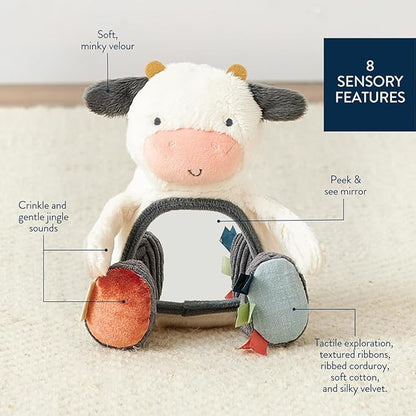Itzy Ritzy Sensory Tummy Time Toy Mirror - Features Crinkle & Jingle Sounds, Multiple Textures and Mirror for Self-Discovery, Infant Toy for Ages 0 Months and Up, Cow