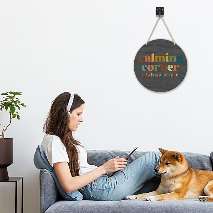 Calming Corner Hanging Wood Sign Plaque - Safe Space Classroom Decor, School Counselor Office Decor, Calm Down Corner Decorations For Classroom Preschool, Boho Classroom Decor, 10x8 (Roundness Gray)