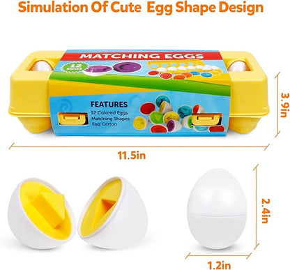 Montessori Geometric Eggs,12 pcs Set Color & Shape Egg Puzzle Toys Matching Eggs for Toddlers 1-3,Preschool Educational Sorting Game Fine Motor Toy Gifts for Kids Boys Girls