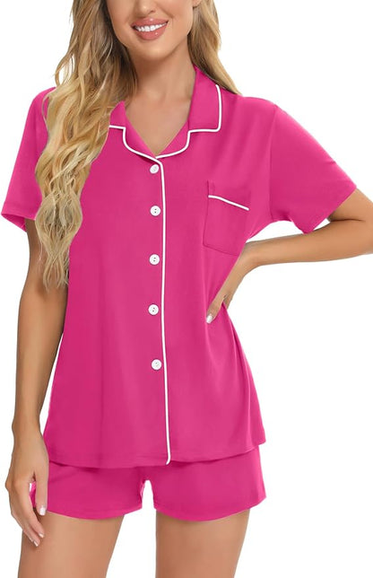 SWOMOG Womens Button Down Pajamas Set Short Sleeve Sleepwear Bride Soft Pj Lounge Sets XS-3XL