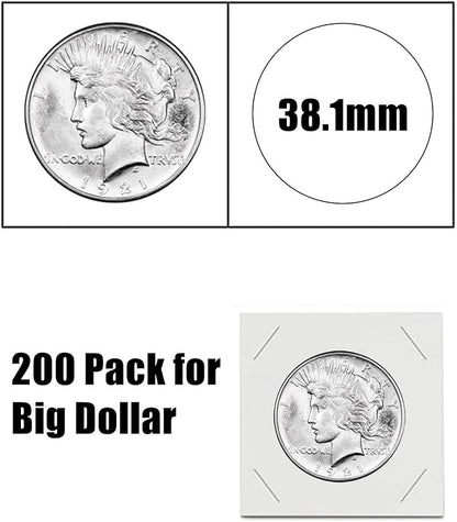 MUDOR Premium Coin Flips for Large Dollar, 200 Pack Cardboard Coin Holder, Mylar Coin Flips 2x2, Paper Coin Holders, Large Dollar(38.1mm)