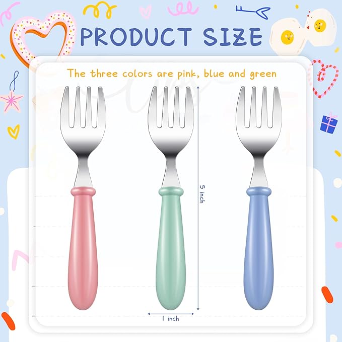 Chumia 9 Pieces Stainless Steel Toddler Forks, Kids Safe Utensils Set Baby Kids Self Feeding Training Cutlery with Round Handle, Stainless Steel Metal Flatware for Children Boys Girls, Dishwasher Safe