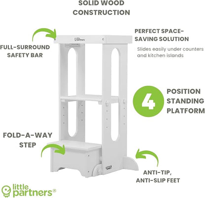 Little Partners Foldable Toddler Tower, Learning Tower Explore 'N Store Montessori Standing Kitchen Tower with Folding Step Stool Platform for Cooking and Learning, Ages 2+ (Soft White)
