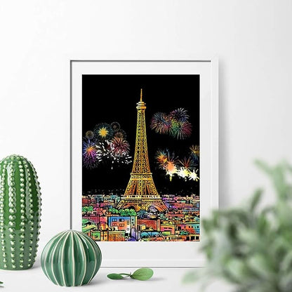 Rainbow Scratch Art Painting Paper (A4) for Adult & Kids, Night View Scratchboard, Engraving Art Set: 4 Sheets Scratch Cards & Clean Brush, Drawing Pen (Eiffel Tower/Big Ben/Moscow/Burj Khalifa)