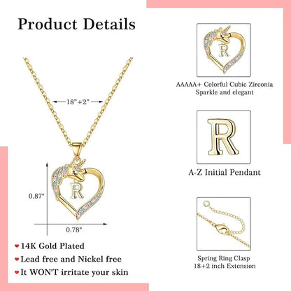 Hidepoo Unicorn Necklace Gifts for Girls - 14K-Gold-Plated Colorful CZ Heart Necklace Girls Jewelry Initial Unicorn Necklaces for Girl Birthday Gifts