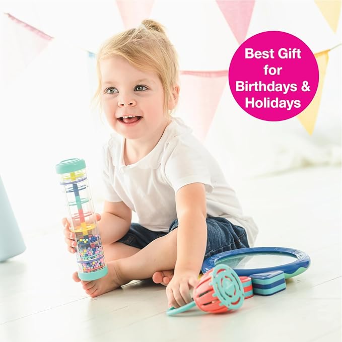 Edushape First Birthday Gift Set - Baby Musical Instruments & Toddler Music Set - Music Toys Baby Gift – Includes Hand Drum, Rain Stick, Shakers, Bell - Interactive Toddler Music Toys for Toddlers 1-3