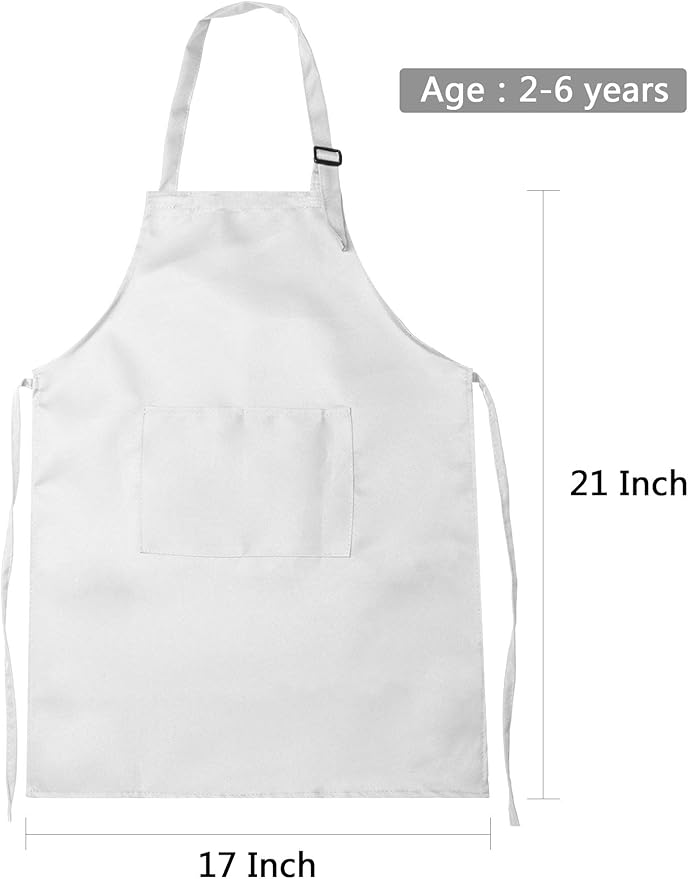 SATINIOR 8 Set Kids Apron and Chef Hat Set Kids Apron with 2 Pockets Adjustable for Boys Girl's Cooking Baking Painting (White, S for 2-6 Age)