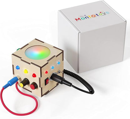 Crown Display Montessori Busy Board Fidget Cube for Toddlers {Improved 2023 Version} Wooden Sensory Activity Cube Toys LED Light Up Buttons Pluggable Wires Baby Gifts Educational Learning Toy