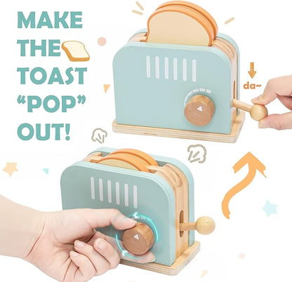 Wooden Pop up Toaster Play Kitchen Set, 17PCS Play Food Accessories for Toddlers Early Learning,Pretend Play Breakfast Playset, Toys Gift for Toddlers Girls & Boys