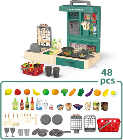 Pretend Play Kitchen Toy Set Folding Role Play Toy with 45pcs Realistic Food Fruits Vegetables Pans Cooking Utensils Basket Sink etc Portable Educational Indoor Outdoor Toys for Kids Ages 3