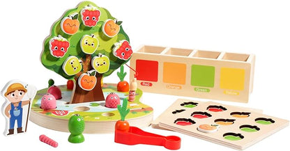 Toddler Sensory Montessori Wooden Preschool Learning Educational Gift Toy for Kids Ages 3 4 5, Shape Color Sorter Apple Picking Carrot Harvest Game,Magnetic Fishing - Fine Motor Skills Toys