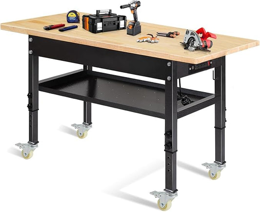 48"/60'' Adjustable Workbench, Rubber Wood Top Work Bench Heavy-Duty Work Table with Power Outlet, Wheels, Partition 2000 LBS Load Capacity Hardwood Work Benches for Garage, Workshop, Home, Office