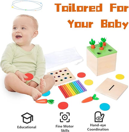 Wooden Montessori Toys for 1 2 3 Year Old Baby Gifts,Play Kit Box Includes Carrot Harvest Games, Montessori Coin Box for 6-12 Months and Fine Motor Skills Toys for 1 Year Old (3-in-1)