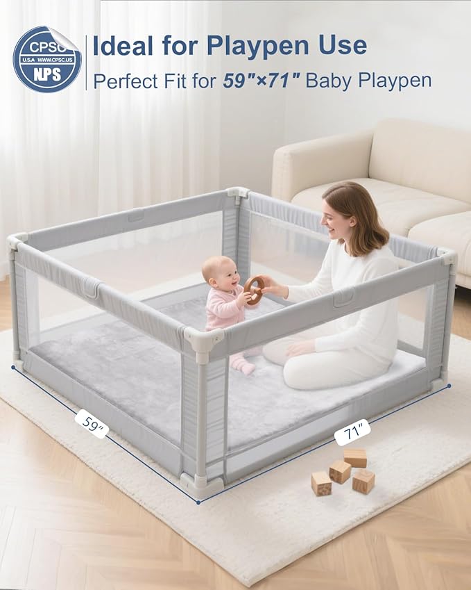 Thick Baby Play Mat for Floor, 59 x 71 Playpen, Large Tummy Time Foam, Ultra Soft Support & Plush Feel Nursery Rug, Easy Care With Non-Slip Cushioned for Infant, Kids and Toddler Crawling, Grey