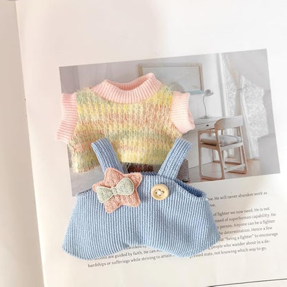 Clothes for Labubu(NO Doll) - 15cm/17cm Doll Accessories Suit, Cute Outfit with Accessories - Colorful T-Shirt, Star Light Blue Romper and Heart Shaped Pink Hat