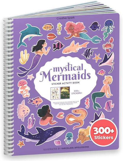 CUPKIN Mermaid Stickers, Toddler Sticker Book for Kids, Fun Toy, Toddler Road Trip Essentials, 300+ Girly Stickers + 8 Sticker Scenes and Coloring Pages, Mermaid Stickers Ages 2+