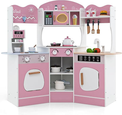 Costzon Corner Play Kitchen, Wooden Kids Kitchen Playset with Lights & Sound, Coffee Maker, Washing Machine, Oven, Microwave, Toddler Toy Kitchen for Pretend Play, Gift for Boys Girls 3+ (Pink)